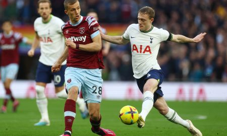 West Ham United's Tomas Soucek in action with Tottenham Hotspur's Oliver Skipp
