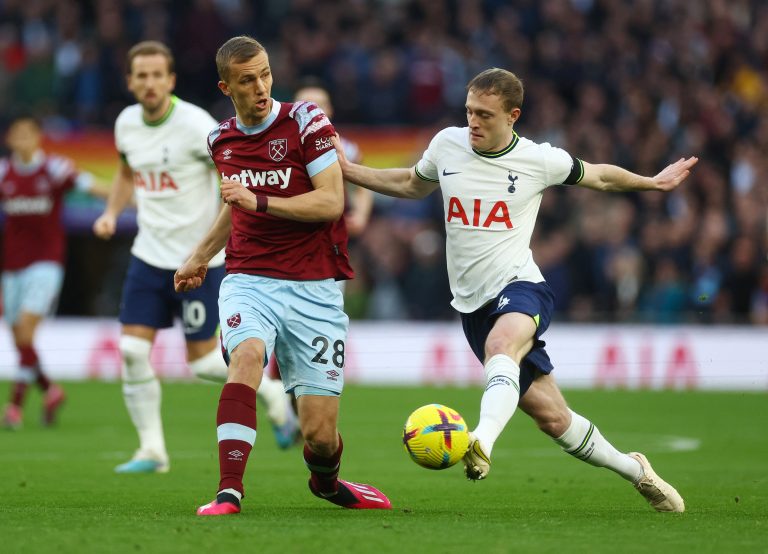 West Ham United's Tomas Soucek in action with Tottenham Hotspur's Oliver Skipp