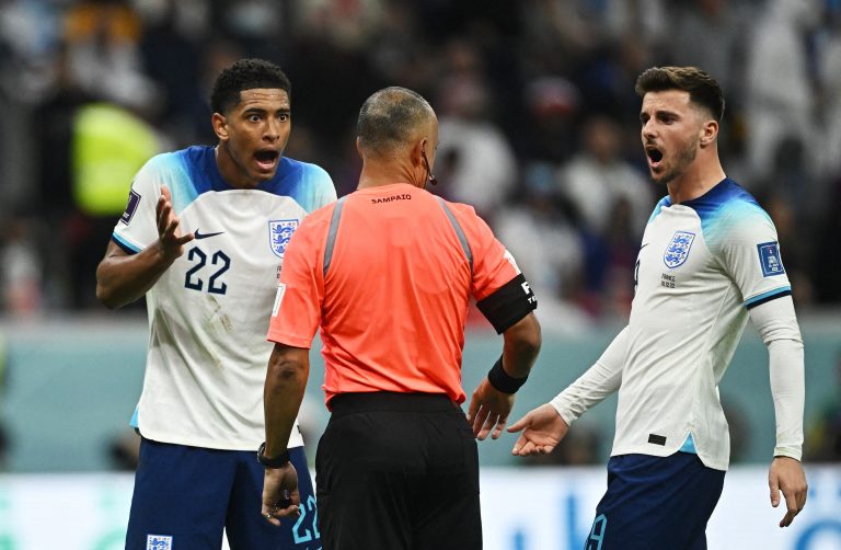 Liverpool transfer targets Jude Bellingham and Mason Mount remonstrate with the referee