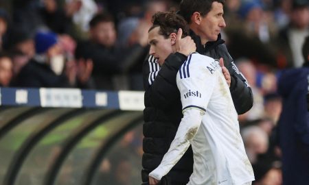 Leeds United's Brenden Aaronson with manager Javi Gracia