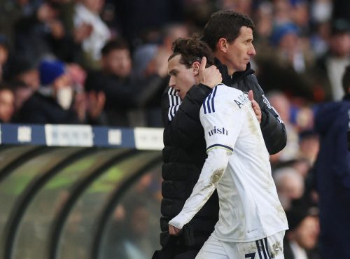 Leeds United's Brenden Aaronson with manager Javi Gracia
