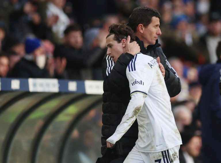 Leeds United's Brenden Aaronson with manager Javi Gracia