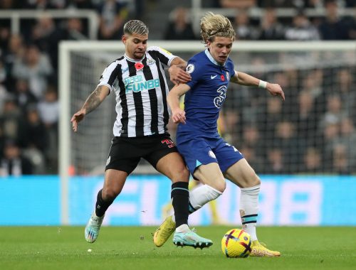 Chelsea's Conor Gallagher is challenged by Bruno Guimaraes