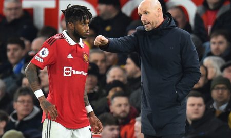 Manchester United manager Erik ten Hag talks to Fred
