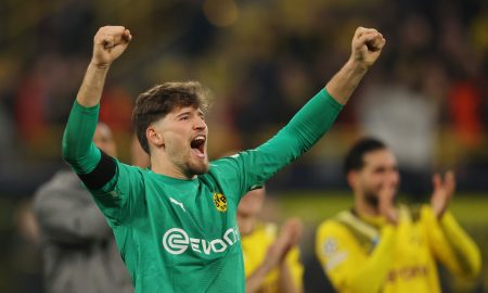 Borussia Dortmund's Gregor Kobel celebrates