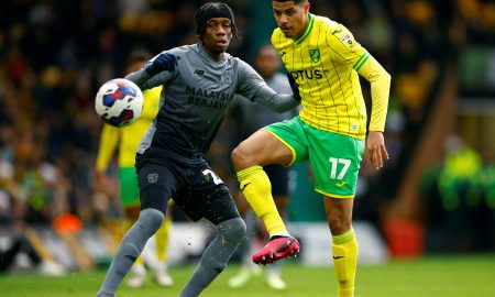 Cardiff City's Jaden Philogene in action with Norwich City's Gabriel Sara