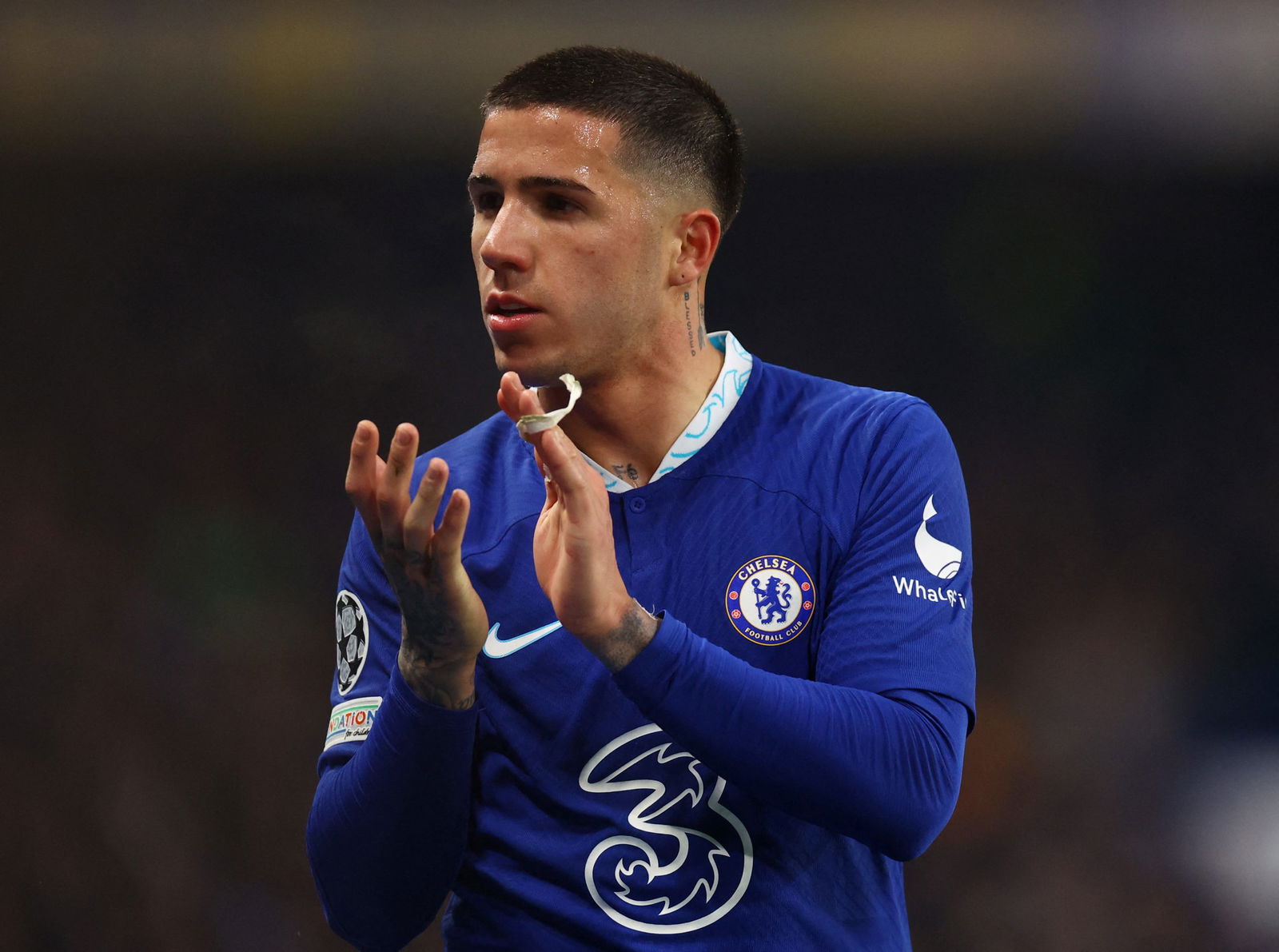 Chelsea's Enzo Fernandez applauds fans after being substituted
