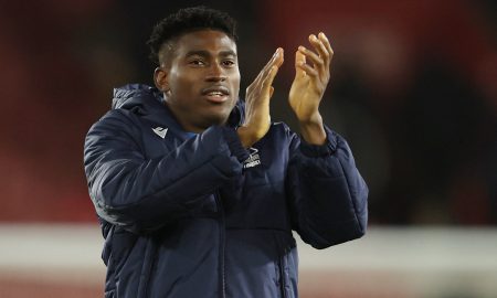 Nottingham Forest's Taiwo Awoniyi applauds fans after the match