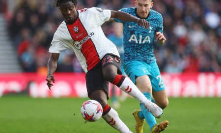 Southampton's Mohammed Salisu in action with Tottenham Hotspur's Dejan Kulusevski