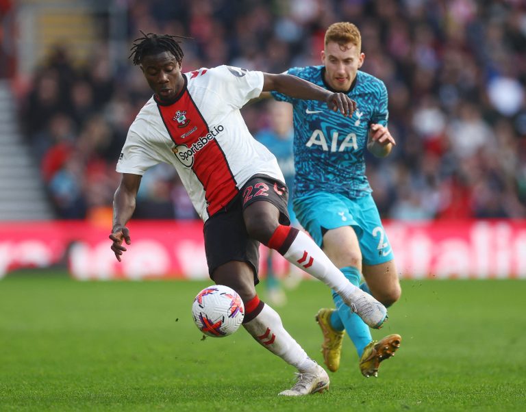 Southampton's Mohammed Salisu in action with Tottenham Hotspur's Dejan Kulusevski