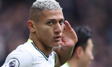 Tottenham Hotspur's Richarlison celebrates scoring their first goal before being disallowed after a VAR review
