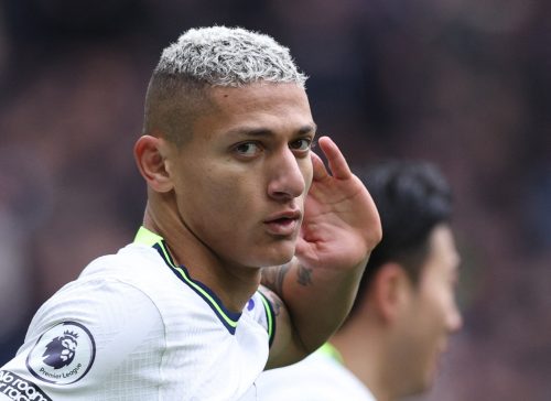 Tottenham Hotspur's Richarlison celebrates scoring their first goal before being disallowed after a VAR review