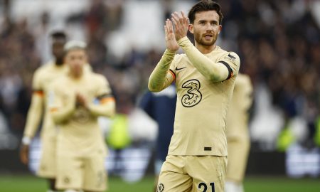 Chelsea defender Ben Chilwell applauds supporters