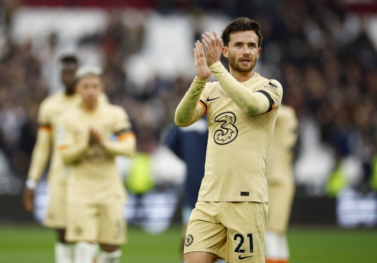 Chelsea defender Ben Chilwell applauds supporters