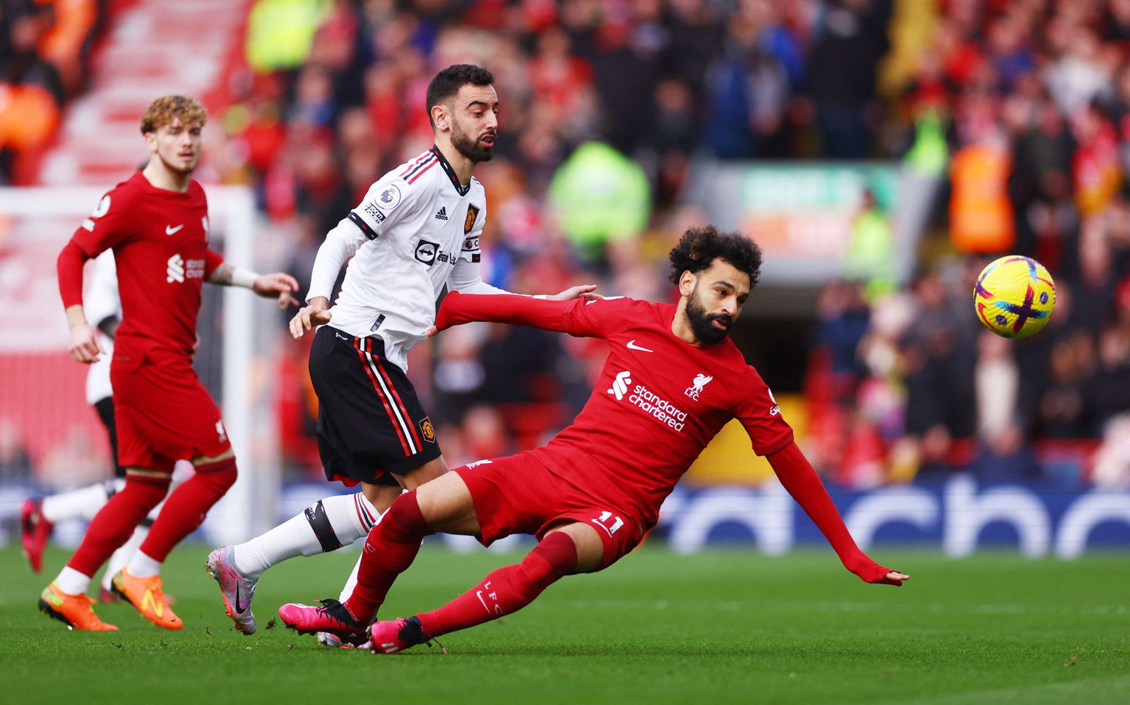 Man United captain Bruno Fernandes in action against Liverpool