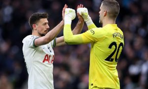 Tottenham goalkeeper Fraser Forster with Clement Lenglet