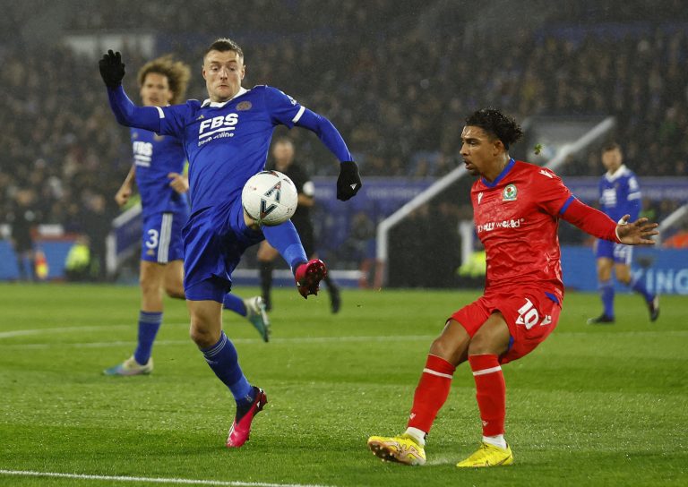 Jamie Vardy battles for Leicester City against Blackburn