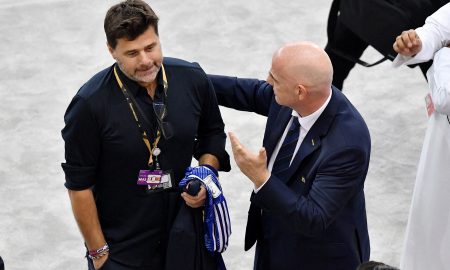 Tottenham manager target Mauricio Pochettino with FIFA president Gianni Infantino