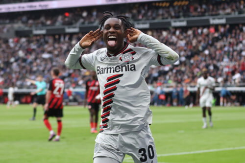 Soccer player celebrates goal.