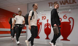 LIVERPOOL, ENGLAND - APRIL 27: (SUN OUT, SUN ON SUNDAY OUT) Caoimhin Kelleher, Diogo Jota, Trent Alexander-Arnold and Dominik Szoboszlai of Liverpool arrive at the stadium prior to the Premier League match between Liverpool FC and Tottenham Hotspur FC at Anfield on April 27, 2025 in Liverpool, England. (Photo by Liverpool FC/Liverpool FC via Getty Images)