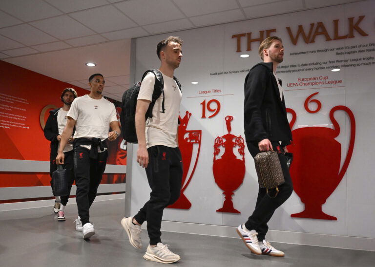LIVERPOOL, ENGLAND - APRIL 27: (SUN OUT, SUN ON SUNDAY OUT) Caoimhin Kelleher, Diogo Jota, Trent Alexander-Arnold and Dominik Szoboszlai of Liverpool arrive at the stadium prior to the Premier League match between Liverpool FC and Tottenham Hotspur FC at Anfield on April 27, 2025 in Liverpool, England. (Photo by Liverpool FC/Liverpool FC via Getty Images)