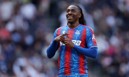 LONDON, ENGLAND - MAY 11: Eberechi Eze of Crystal Palace celebrates scoring his team's first goal during the Premier League match between Tottenham Hotspur FC and Crystal Palace FC at Tottenham Hotspur Stadium on May 11, 2025 in London, England. (Photo by Julian Finney/Getty Images)