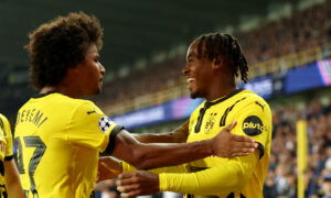 Borussia Dortmund's Jamie Gittens and Karim Adeyemi. (REUTERS/Yves Herman)