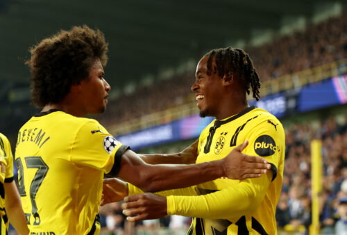 Borussia Dortmund's Jamie Gittens and Karim Adeyemi. (REUTERS/Yves Herman)