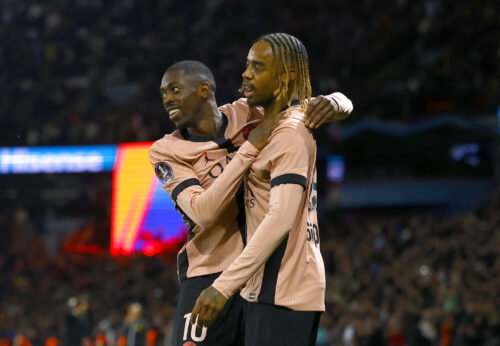Paris St Germain's Bradley Barcola and Ousmane Dembele. (REUTERS/Sarah Meyssonnier)
