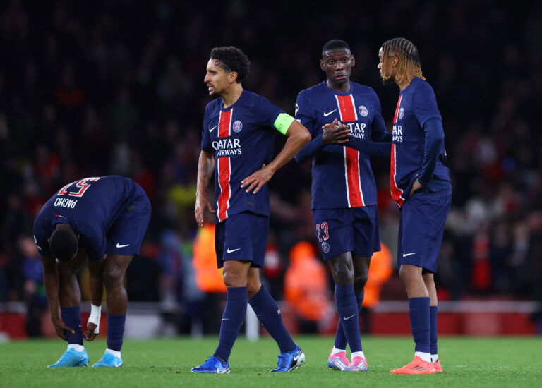 Paris St Germain's Marquinhos, Randal Kolo Muani and Bradley Barcola. (REUTERS/Hannah Mckay)