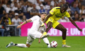 Villarreal's Thierno Barry in action with Real Madrid's Federico Valverde. (REUTERS/Susana Vera)