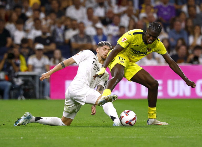 Villarreal's Thierno Barry in action with Real Madrid's Federico Valverde. (REUTERS/Susana Vera)