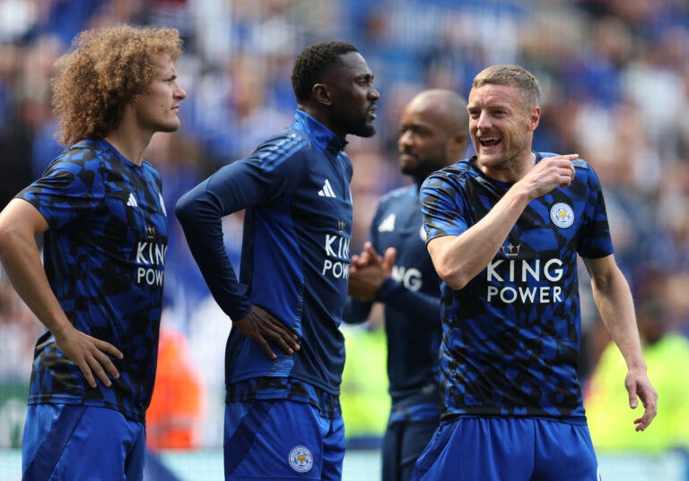 Leicester City's Wilfred Ndidi, Jamie Vardy, and Wout Faes. (REUTERS/Chris Radburn)