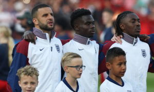 England's Kyle Walker, Bukayo Saka and Eberechi Eze. (REUTERS/Paul Childs)
