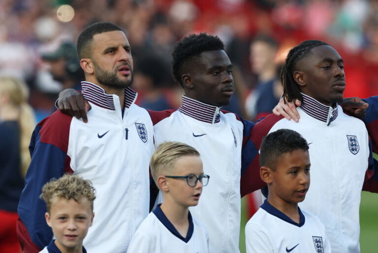 England's Kyle Walker, Bukayo Saka and Eberechi Eze. (REUTERS/Paul Childs)