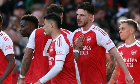 Arsenal's Declan Rice, Bukayo Saka, Gabriel Martinelli and Leandro Trossard celebrate Rice's goal against Newcastle United.
