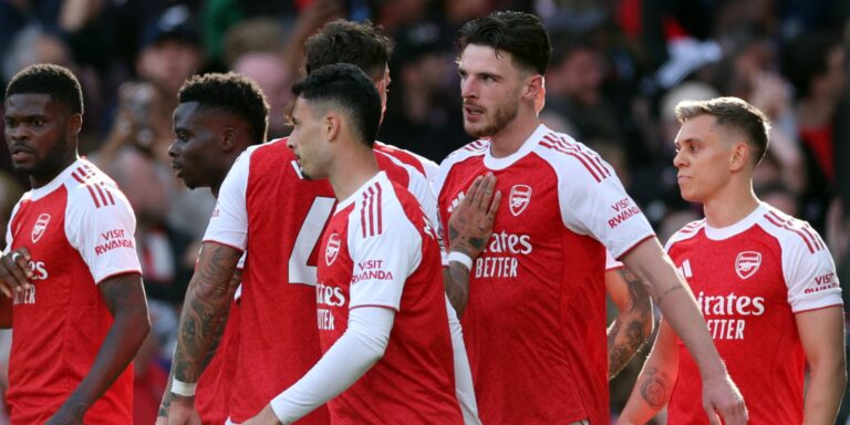Arsenal's Declan Rice, Bukayo Saka, Gabriel Martinelli and Leandro Trossard celebrate Rice's goal against Newcastle United.