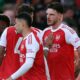 Arsenal's Declan Rice, Bukayo Saka, Gabriel Martinelli and Leandro Trossard celebrate Rice's goal against Newcastle United.