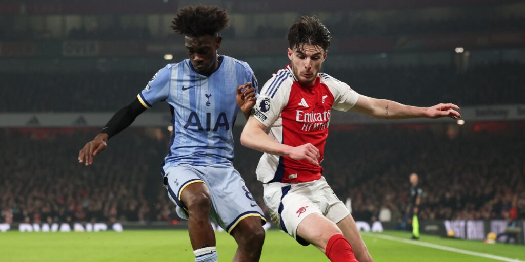Arsenal's Declan Rice in action against Tottenham in the 2024/25 Premier League