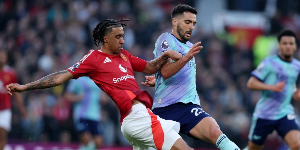 Manchester United's Leny Yoro and Arsenal's Mikel Merino in action during the 2024/25 Premier League season.