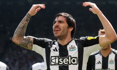 Sandro Tonali celebrates scoring a goal for Newcastle.
