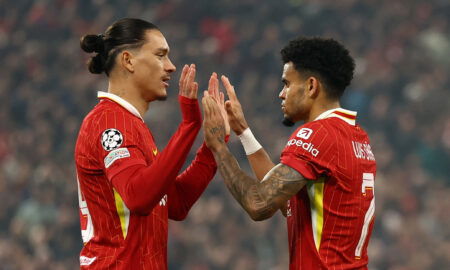 Liverpool's Luis Diaz and Darwin Nunez. (REUTERS/Molly Darlington)