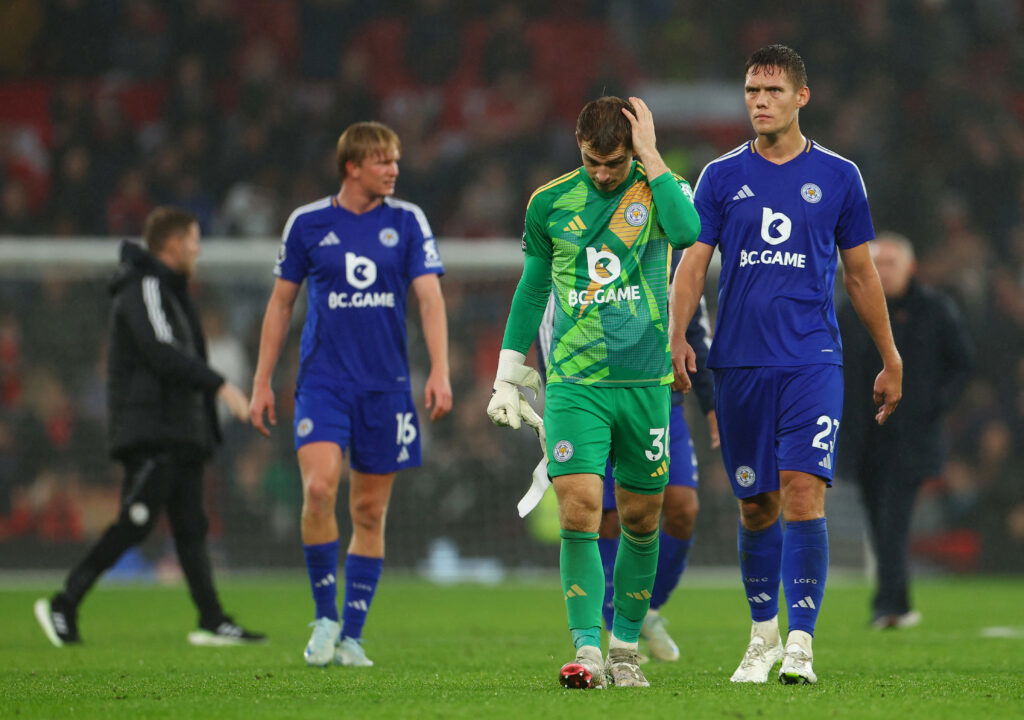 Leicester City's Mads Hermansen and Jannik Vestergaard. (Reuters/Molly Darlington)