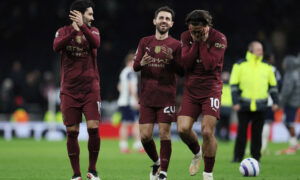 Manchester City's Bernardo Silva, Jack Grealish and Ilkay Gundogan. (REUTERS/Isabel Infantes )