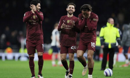 Manchester City's Bernardo Silva, Jack Grealish and Ilkay Gundogan. (REUTERS/Isabel Infantes )