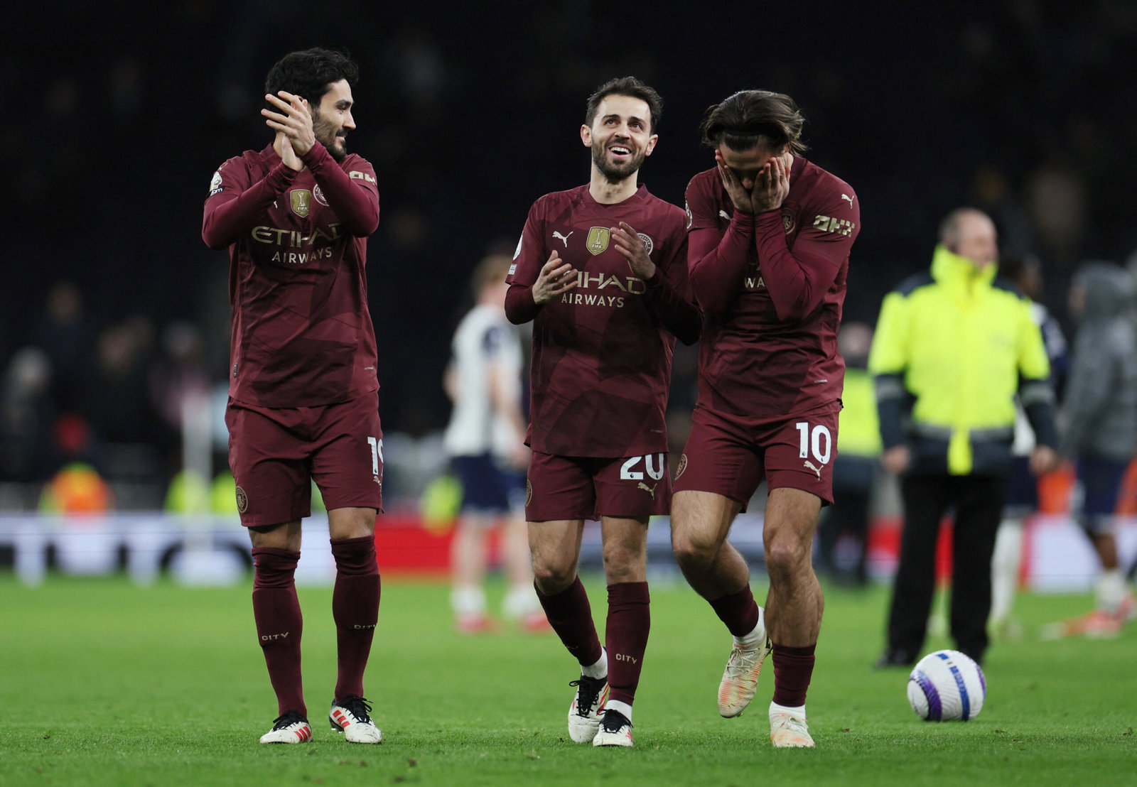 Manchester City's Bernardo Silva, Jack Grealish and Ilkay Gundogan. (REUTERS/Isabel Infantes )