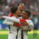 Eintracht Frankfurt's Robin Koch, Hugo Ekitike, and Jean-Matteo Bahoya. (REUTERS/Kai Pfaffenbach)