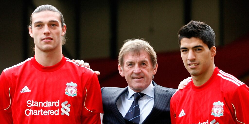 Kenny Dalglish with Andy Carroll and Luis Suarez.