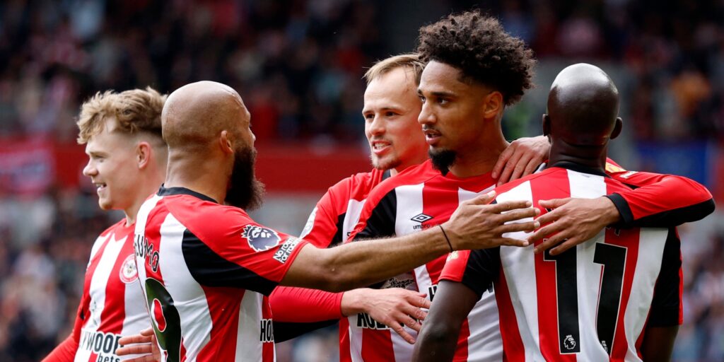 Brentford celebrate a goal in the Premier League.