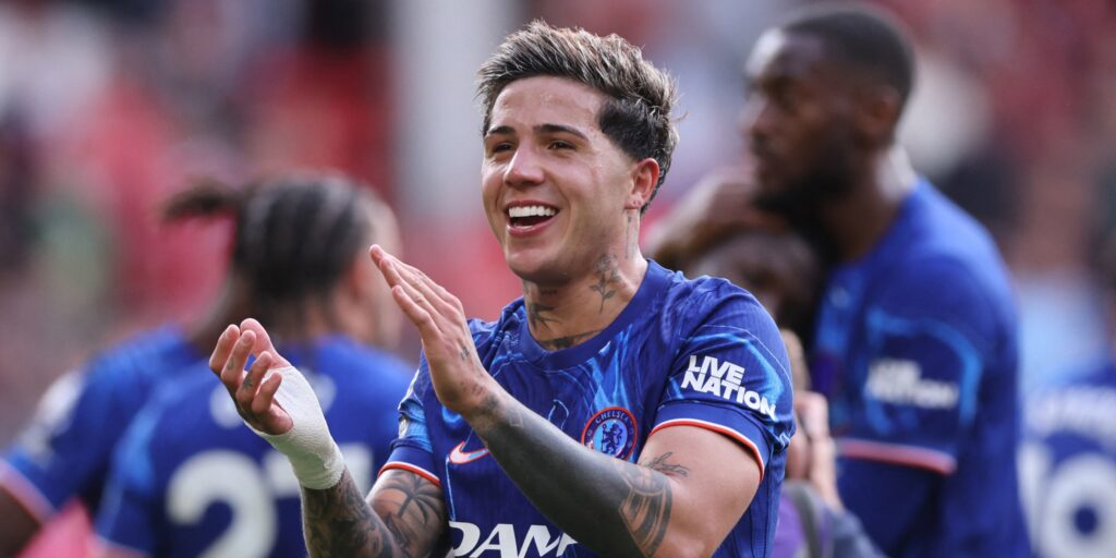 Chelsea's Enzo Fernandez celebrates after a game in the Premier League.